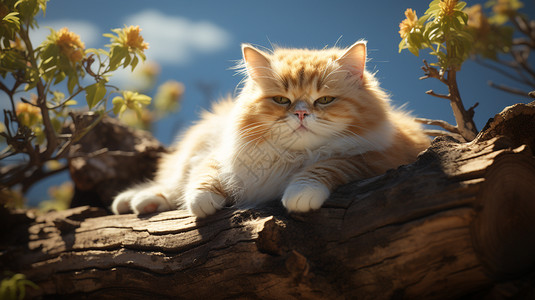 慵懒的肥猫在树上晒太阳图片