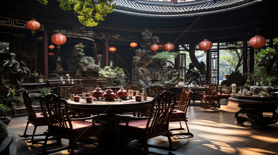 中式茶馆里的圆桌图片