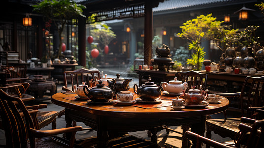 传统中式建筑立的茶桌背景图片