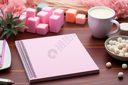 文具台上的粉色笔记本图片