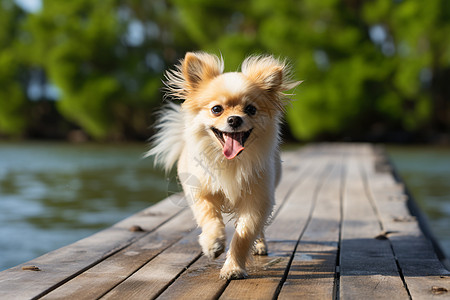 木桥上奔跑的小狗图片