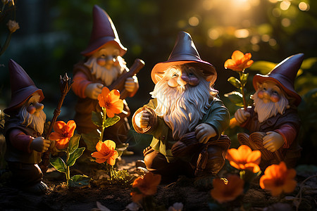 仙境中的小矮人：阳光中沐浴的小矮人雕像为花园增添乐趣图片