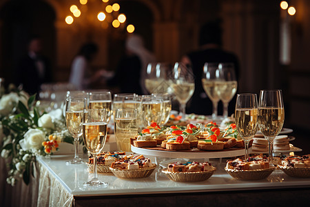 空中婚礼桌子上的香槟和美食背景