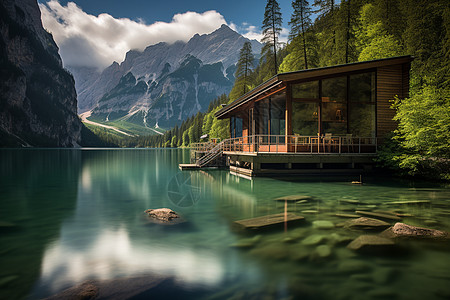 户外拓展湖畔木屋背景