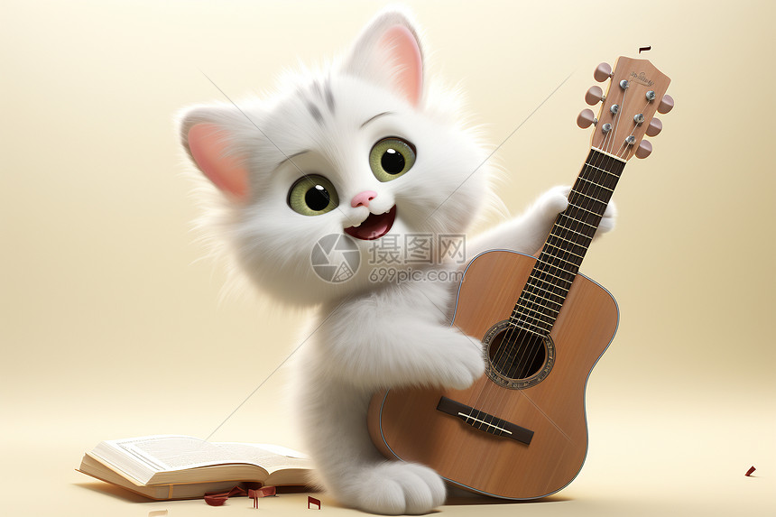 卡通白猫玩吉他图片