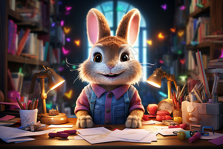 书桌前的兔子背景图片