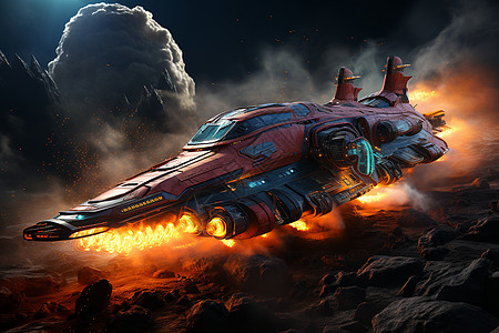 星际飞船掠过星云背景图片