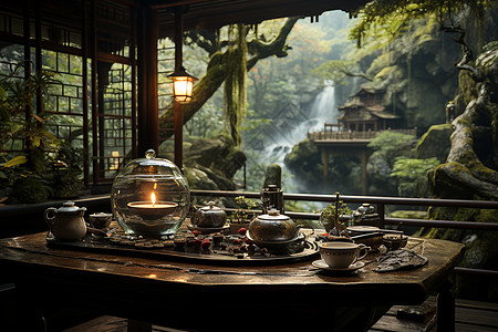 竹林山水山水风景中的茶馆背景