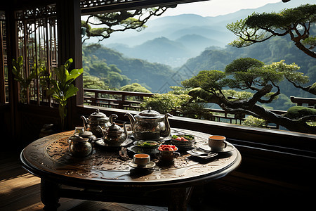 晨曦山间的茶馆图片