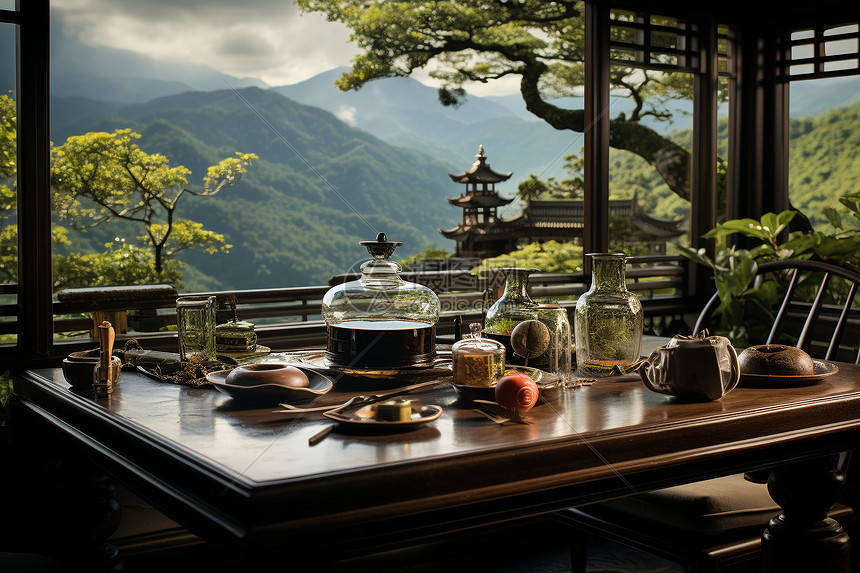 茶馆窗外的竹林风景图片