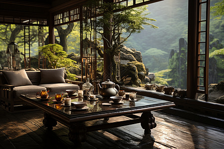 阳光竹林茶馆在竹林中背景