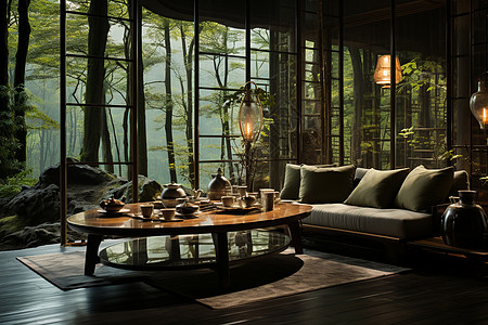 茶宴中的竹林仙境图片