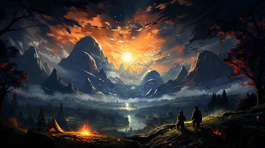 梦幻山林中的露营背景图片