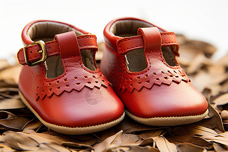 小巧的红色皮制儿童凉鞋背景图片