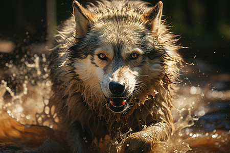 泥水中咆哮的狼图片