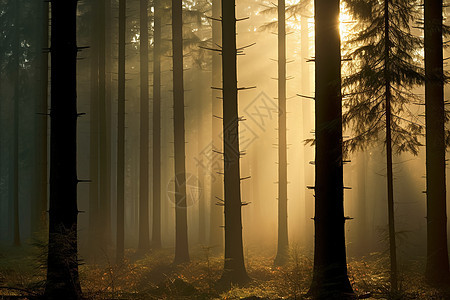 秋日森林中的晨光图片