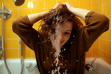 浴缸里洗头发的女孩图片