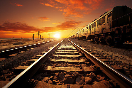 日落时铁路轨道上的火车图片