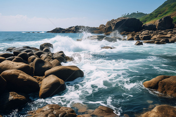 绿色山丘清澈海水的美丽景观图片