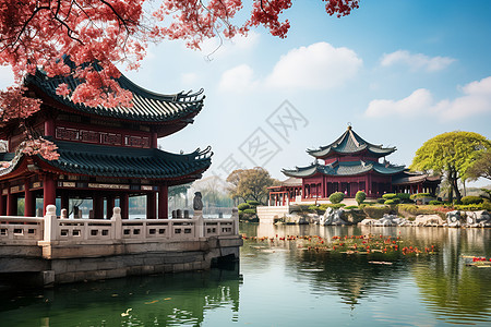 水墨寺庙水墨古韵苏州湖畔的美丽风景背景