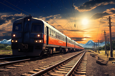 日落时铁路轨道运输的火车图片