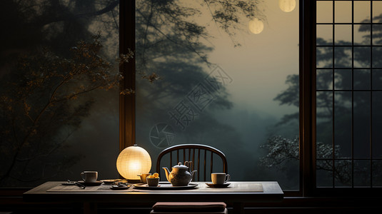 木桌上的茶具和灯高清图片
