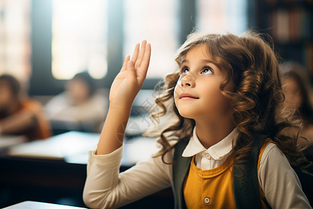 课堂上举手的小女孩背景图片