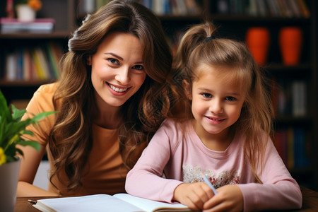 母亲在陪女儿写作业背景图片