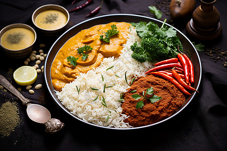 印度美食中的手工制作咖喱炸鸡饭背景