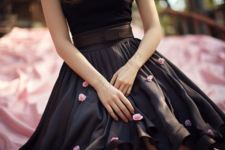 立体花瓣的黑色长裙图片