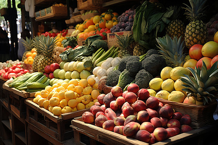 果蔬超市水果蔬菜摊上琳琅满目的各种水果和蔬菜背景
