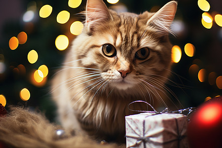 圣诞树旁的小猫拿着礼物坐着图片
