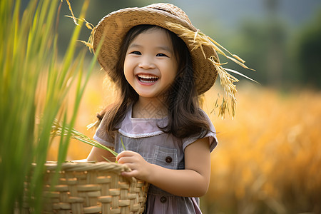 小女孩在稻田中开心玩耍图片