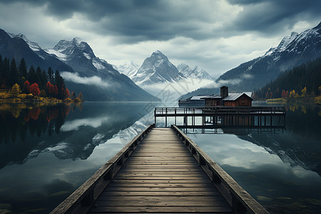 湖边栈道湖边的四季山居背景