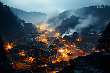 山村夜晚煤矿厂的烟火背景