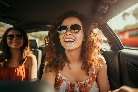 开心开车两位女友开心地开车笑谈背景