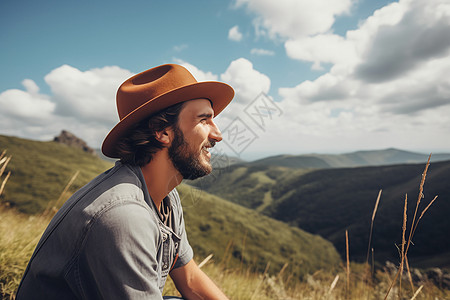 夏季山顶草地上惬意的男子背景图片
