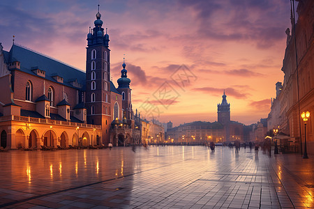 夕阳下的欧洲城市广场背景图片