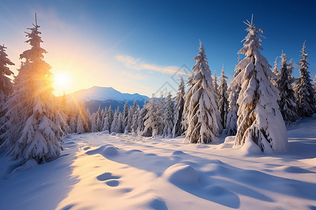 大雪覆盖的山林景观图片