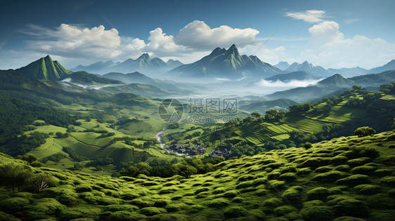 郁郁葱葱的茶山景观图片