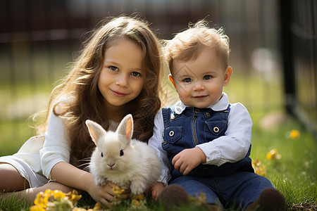 兄妹俩与可爱兔子背景图片