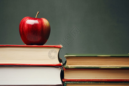 红色苹果与一堆书背景图片