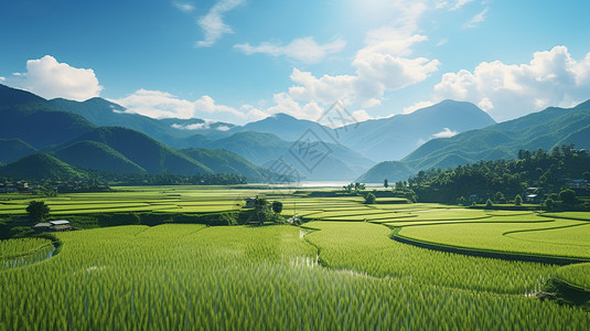 水稻蓝天郁郁葱葱的水稻田背景