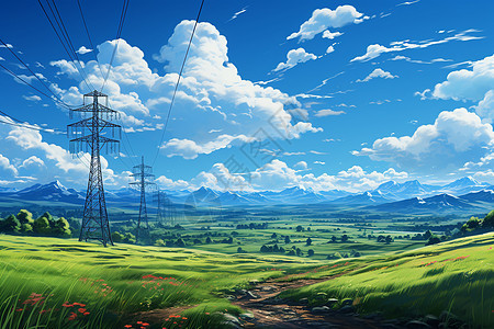 蓝天白云下的电线杆与田野图片