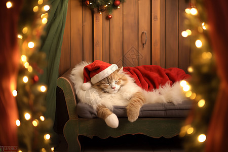 圣诞猫咪睡懒觉背景图片
