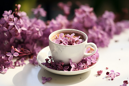 咖啡与紫色花朵高清图片