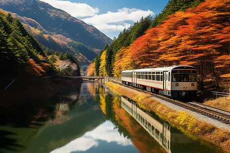 秋日美景秋日山脉的火车背景