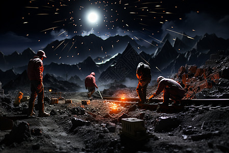 星光下的铁路工人焊接铁轨高清图片