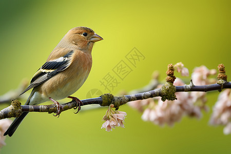 小鸟栖息在粉色花朵枝上图片