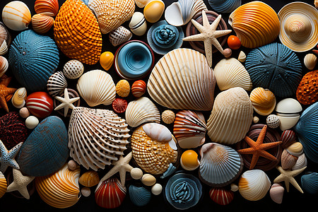 海滩上五彩斑斓的贝壳与海星图片